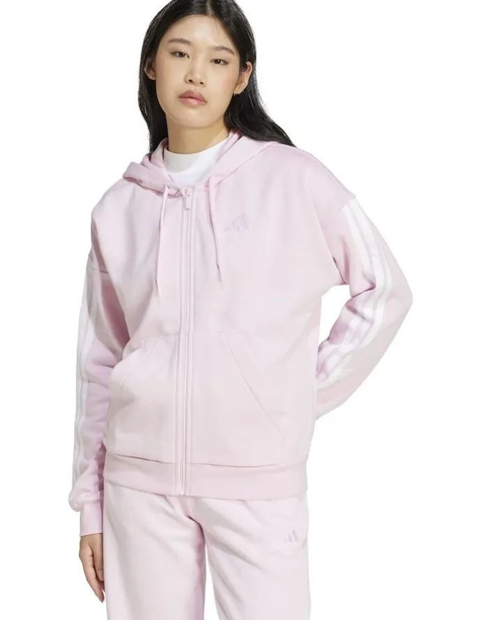 adidas Essentials 3-Stripes Full-Zip Fleece Hoodie in Clear Pink
