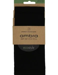 Ambra Bamboo Soft Top Crew Length Socks 2 Pair in Black