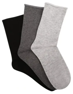 Ambra Cotton Blend Comfy Crew Length 3 Pair Socks in Black/Charcoal Marle