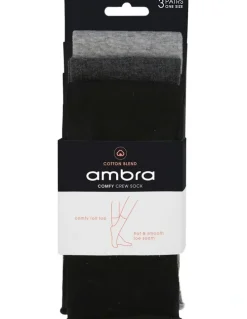 Ambra Cotton Blend Comfy Crew Length 3 Pair Socks in Black/Charcoal Marle