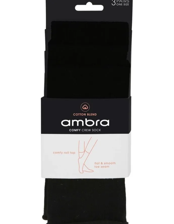 Ambra Cotton Blend Comfy Crew Length 3 Pair Socks in Black