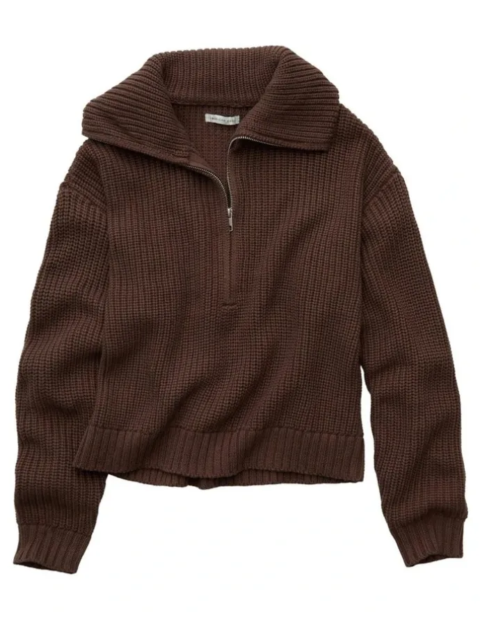 American Eagle Half-Zip Pullover Sweater in Coffee