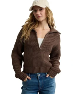 American Eagle Half-Zip Pullover Sweater in Coffee