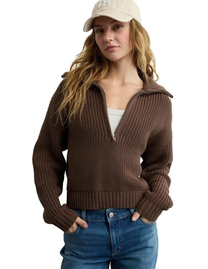 American Eagle Half-Zip Pullover Sweater in Coffee