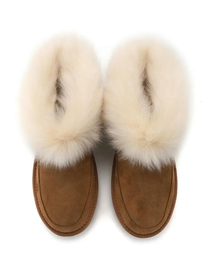 Aus Wooli Ugg Luxe Sheepskin Wool-Trim Ankle Boots in Brown