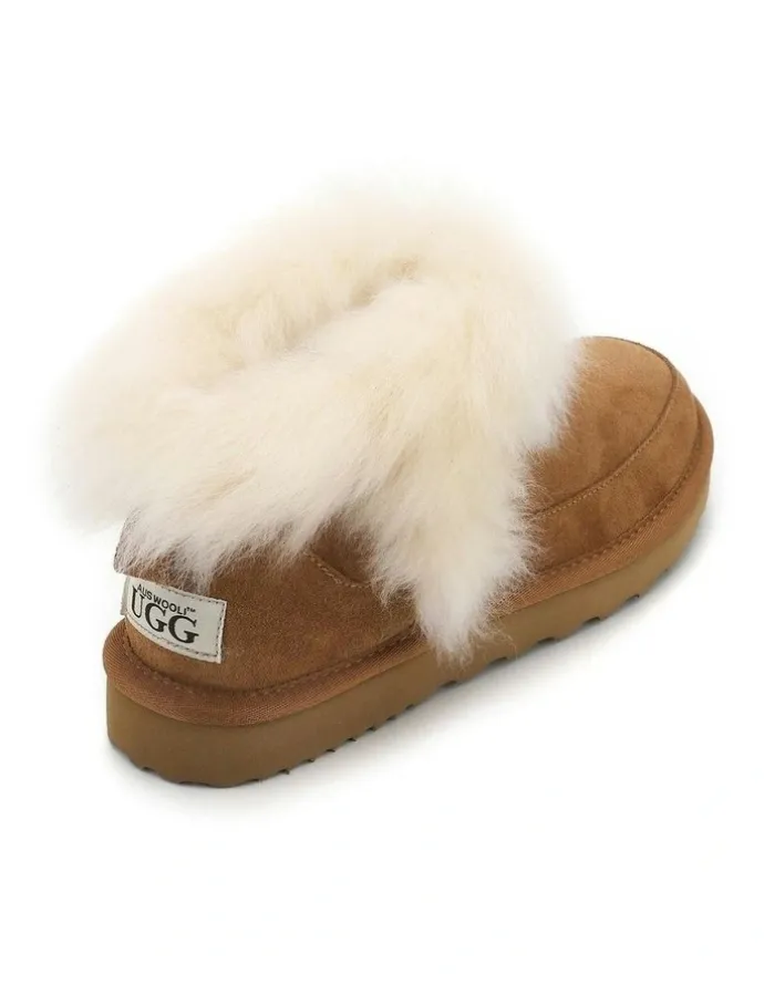 Aus Wooli Ugg Luxe Sheepskin Wool-Trim Ankle Boots in Brown