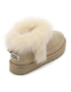 Aus Wooli Ugg Luxe Sheepskin Wool-Trim Ankle Boots in Beige