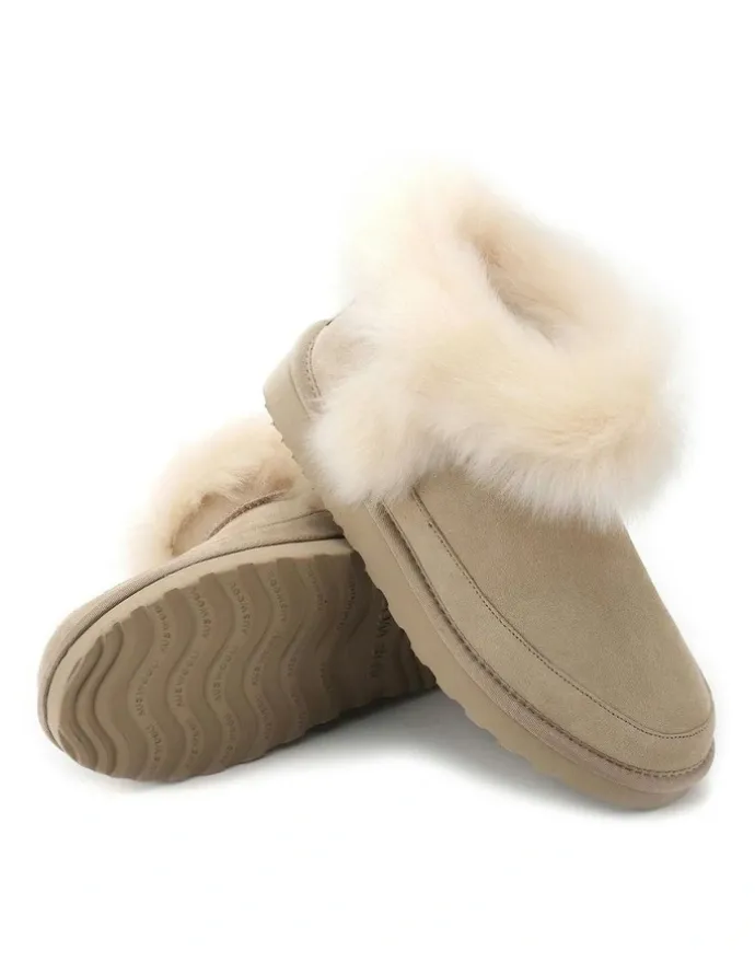 Aus Wooli Ugg Luxe Sheepskin Wool-Trim Ankle Boots in Beige