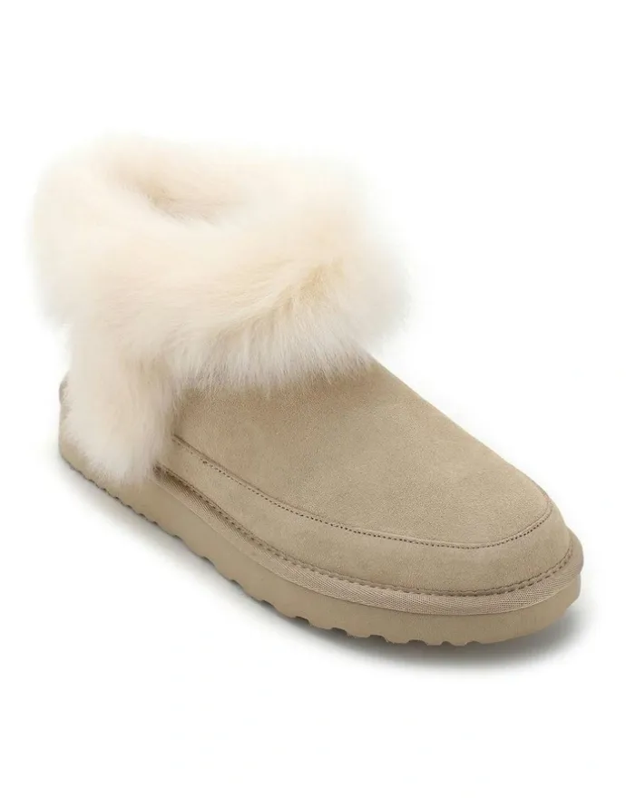 Aus Wooli Ugg Luxe Sheepskin Wool-Trim Ankle Boots in Beige