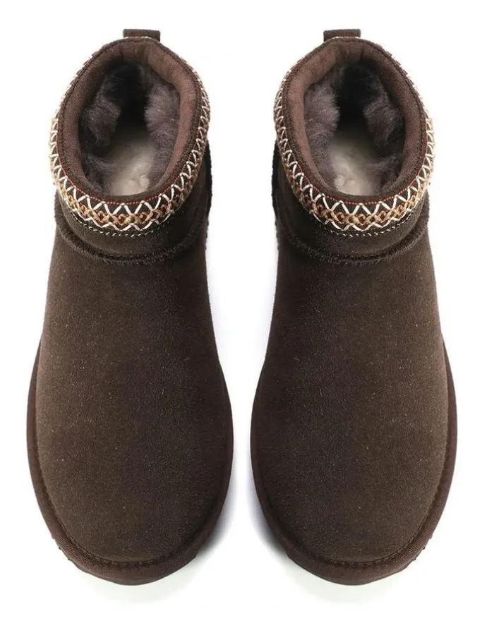 Aus Wooli Ugg Sheepskin Wool Ankle Braid Altona Boots in Chocolate