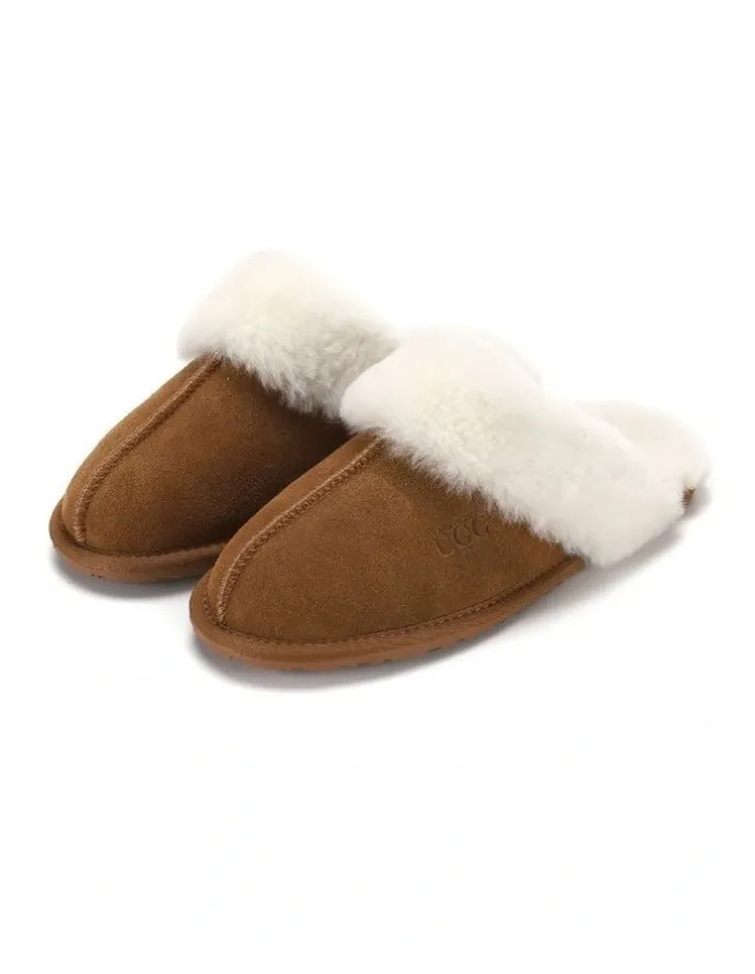 Aus Wooli Ugg Sheepskin Wool Shelley Slippers in Brown