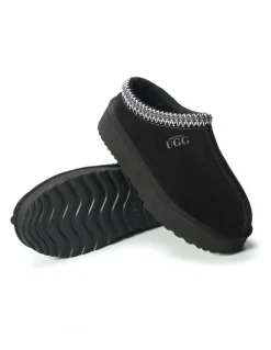 Aus Wooli Ugg Sheepskin Wool Ankle Braid Platform Mentone Slippers in Black