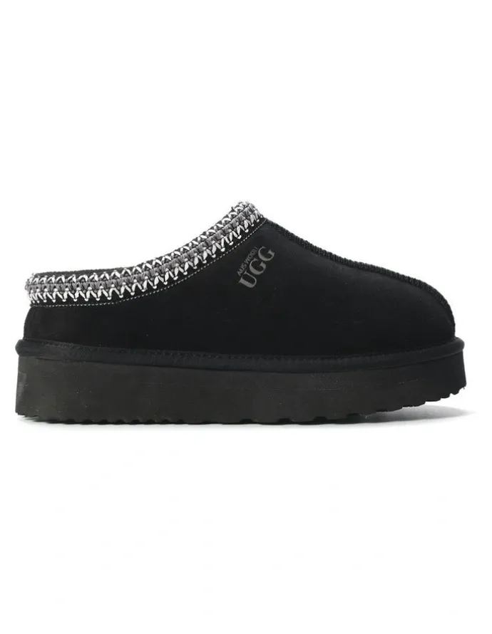 Aus Wooli Ugg Sheepskin Wool Ankle Braid Platform Mentone Slippers in Black