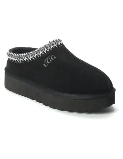 Aus Wooli Ugg Sheepskin Wool Ankle Braid Platform Mentone Slippers in Black