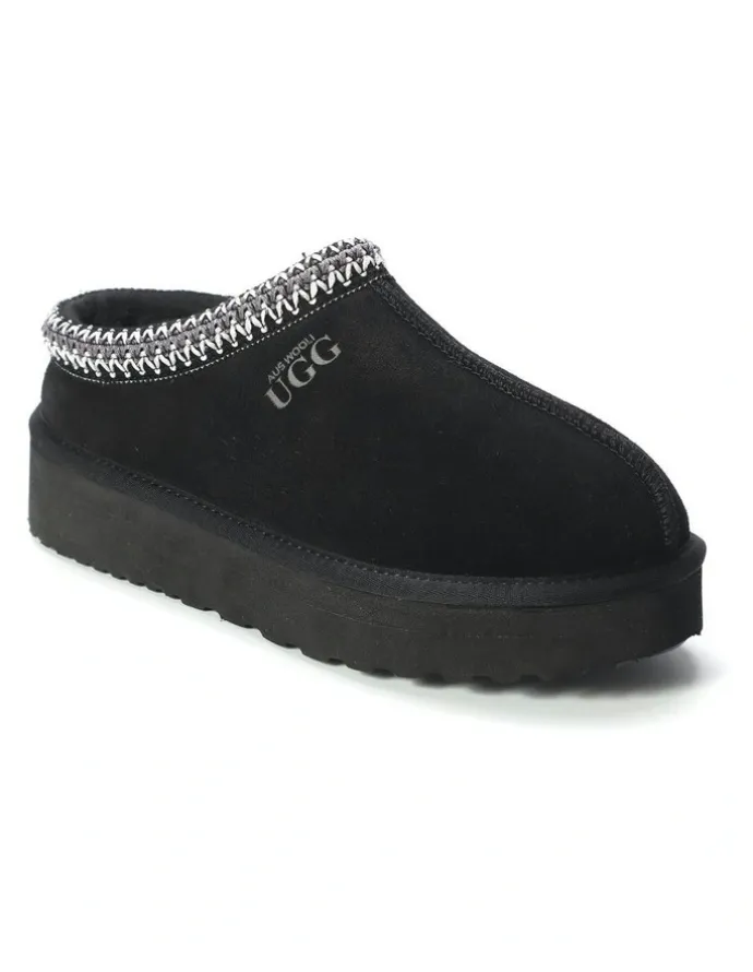 Aus Wooli Ugg Sheepskin Wool Ankle Braid Platform Mentone Slippers in Black