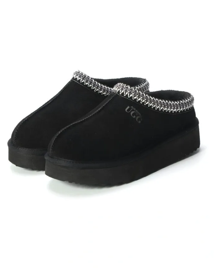 Aus Wooli Ugg Sheepskin Wool Ankle Braid Platform Mentone Slippers in Black