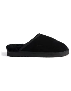 Aus Wooli Ugg Sheepskin Wool Manly Slippers in Black