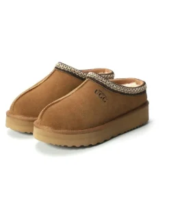 Aus Wooli Ugg Sheepskin Wool Ankle Braid Platform Mentone Slippers in TAN