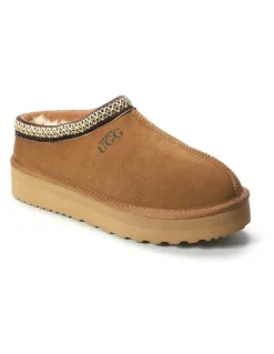 Aus Wooli Ugg Sheepskin Wool Ankle Braid Platform Mentone Slippers in TAN