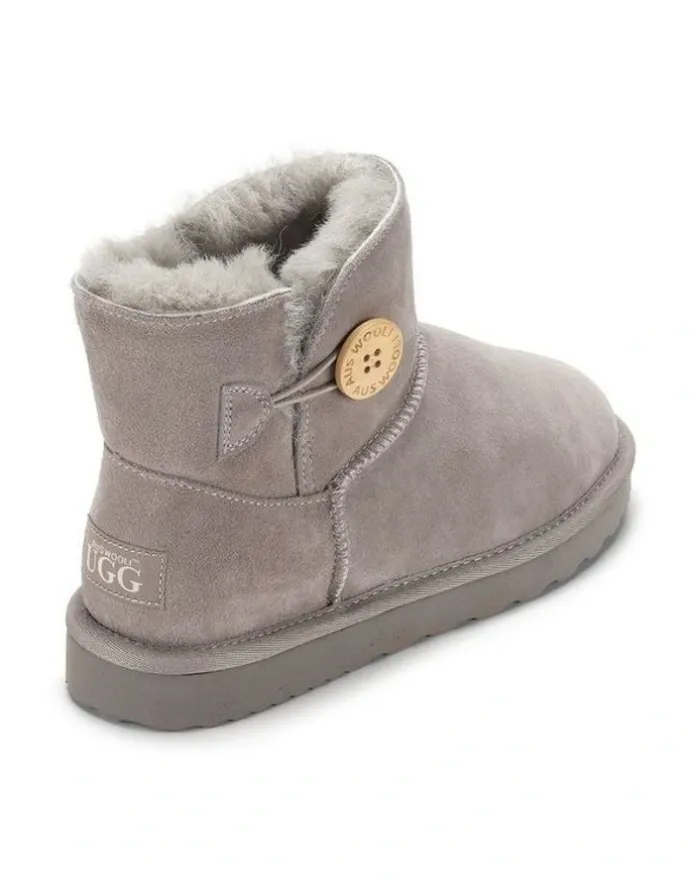 Aus Wooli Ugg Short Sheepskin Button Boot in Grey