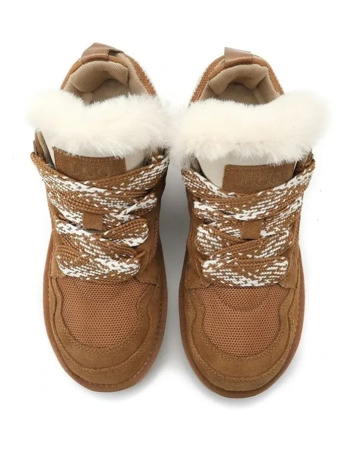 Aus Wooli Ugg Urban Chic Sheepskin Wool Lace-Up Sneakers in Brown