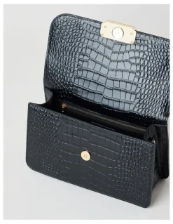 Basque Fiona Croc Leather Satchel Bag in Black