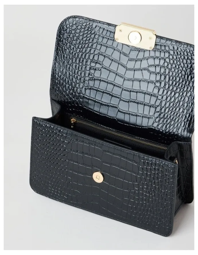 Basque Fiona Croc Leather Satchel Bag in Black