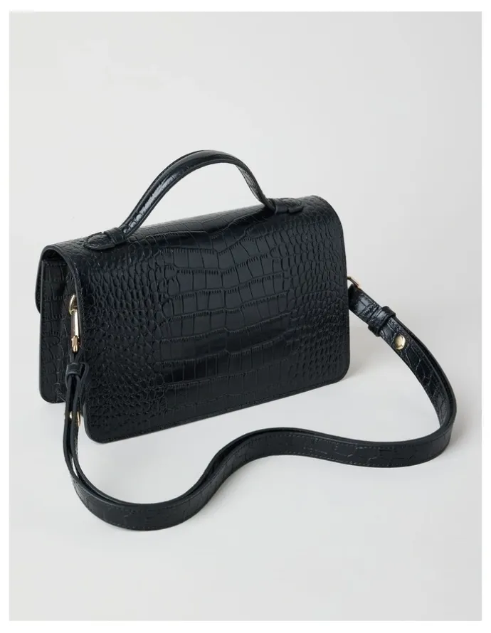 Basque Fiona Croc Leather Satchel Bag in Black
