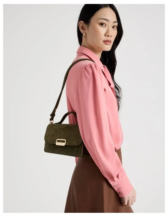 Basque Fiona Suede Leather Satchel Bag in Olive
