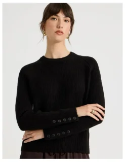 Basque Long Sleeve Crewneck Rib Knit in Black