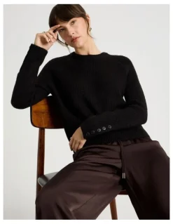Basque Long Sleeve Crewneck Rib Knit in Black