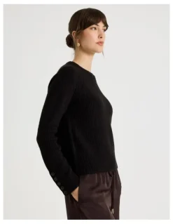 Basque Long Sleeve Crewneck Rib Knit in Black