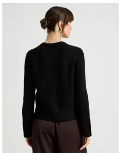 Basque Long Sleeve Crewneck Rib Knit in Black