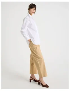 Basque Long Sleeve Cutwork Detail Shirt in White