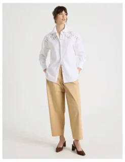 Basque Long Sleeve Cutwork Detail Shirt in White