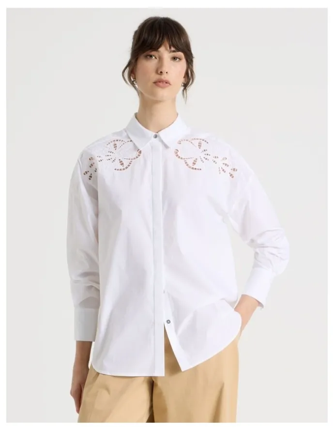 Basque Long Sleeve Cutwork Detail Shirt in White