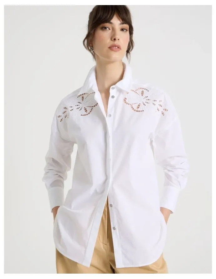Basque Long Sleeve Cutwork Detail Shirt in White