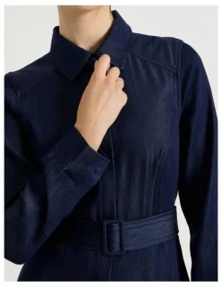 Basque Long Sleeve Denim Midi Dress in Denim