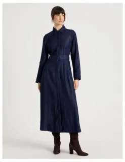 Basque Long Sleeve Denim Midi Dress in Denim