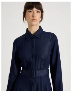 Basque Long Sleeve Denim Midi Dress in Denim