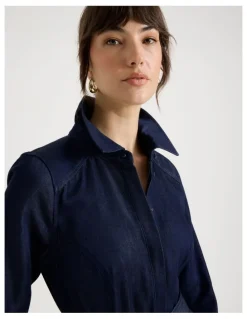 Basque Long Sleeve Denim Midi Dress in Denim