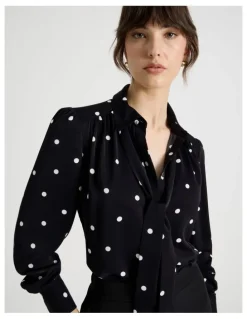Basque Long Sleeve Georgette Blouse in Black and White Polka Dot Print