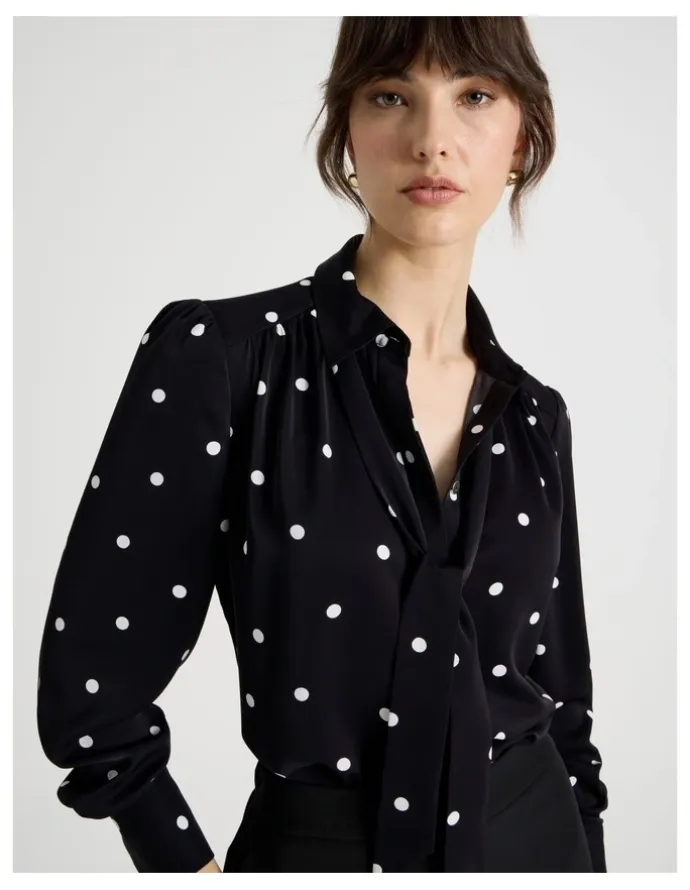 Basque Long Sleeve Georgette Blouse in Black and White Polka Dot Print
