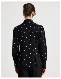 Basque Long Sleeve Georgette Blouse in Black and White Polka Dot Print