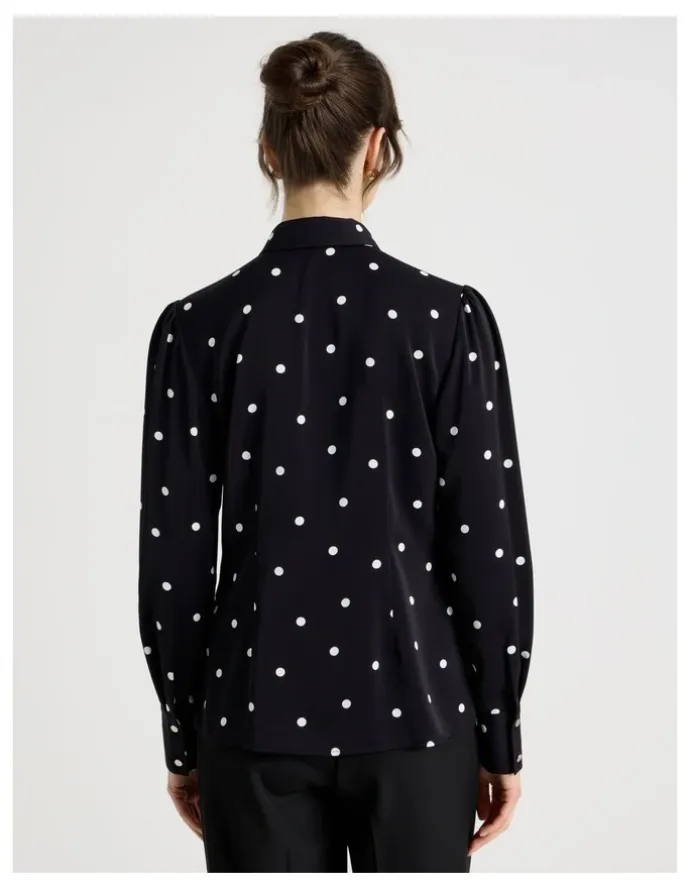 Basque Long Sleeve Georgette Blouse in Black and White Polka Dot Print