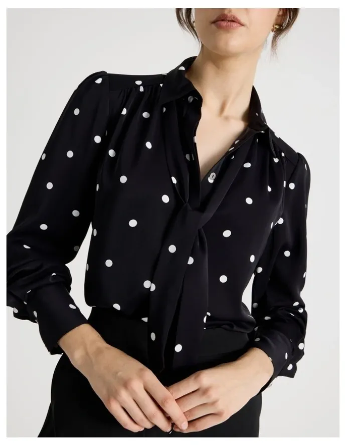 Basque Long Sleeve Georgette Blouse in Black and White Polka Dot Print