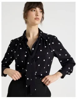 Basque Long Sleeve Georgette Blouse in Black and White Polka Dot Print