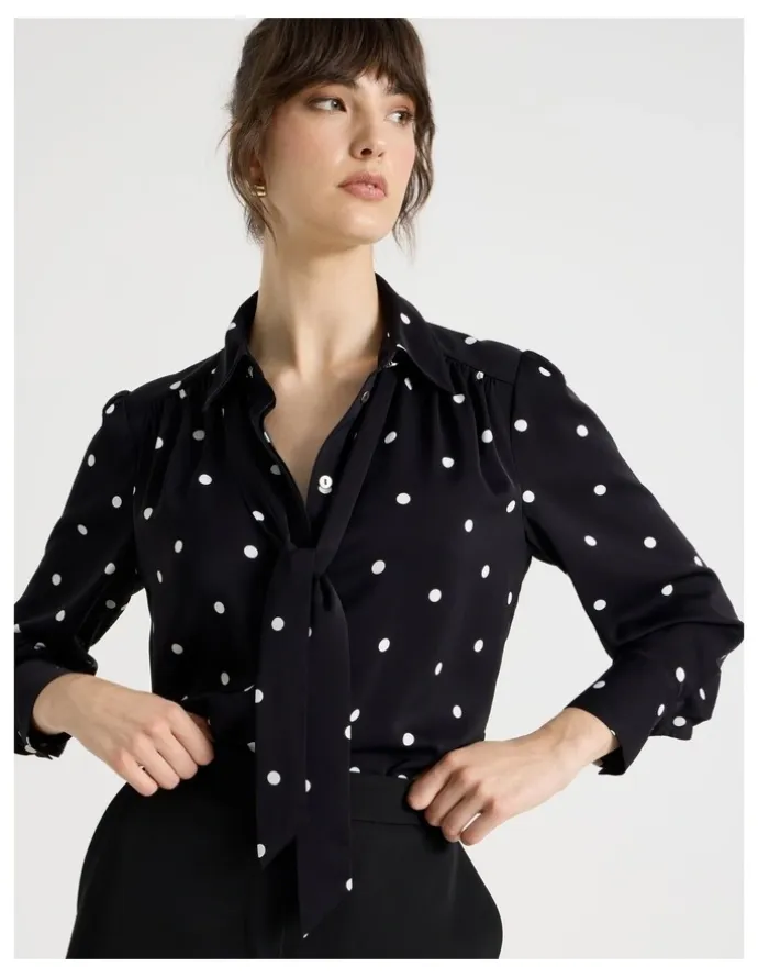 Basque Long Sleeve Georgette Blouse in Black and White Polka Dot Print