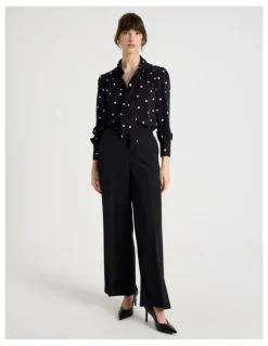 Basque Long Sleeve Georgette Blouse in Black and White Polka Dot Print