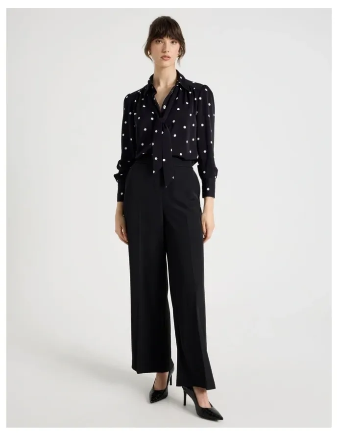 Basque Long Sleeve Georgette Blouse in Black and White Polka Dot Print